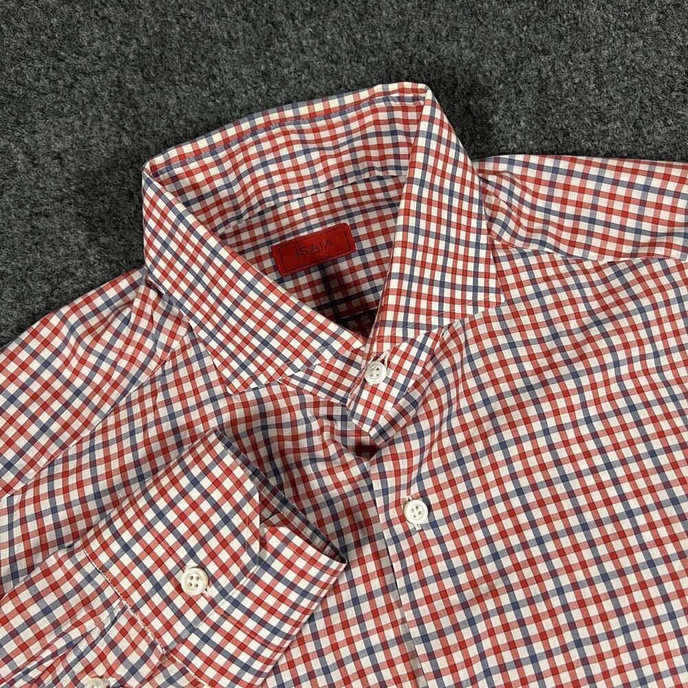 Isaia Napoli Dress Button Up Shirt Mens 16 34/35 Red Blue Plaid Check Italy